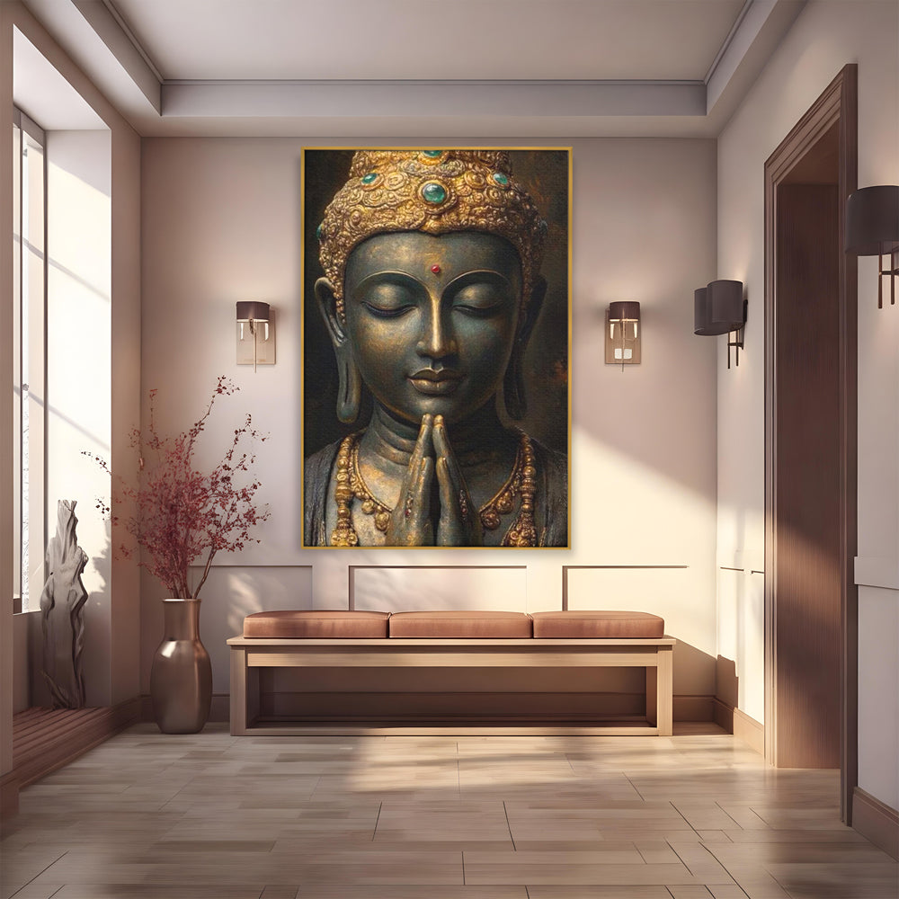 Tablou canvas cu tablou canvas cu buddha in rugaciune, in rama de aluminiu auriu